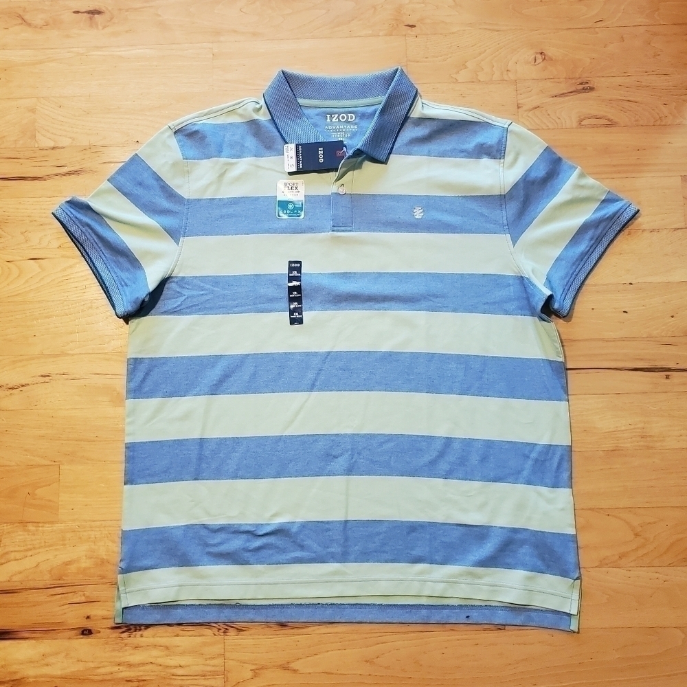 IZOD Advantage Performance Blue Mint Green Striped Collared Polo Men's Size XXL